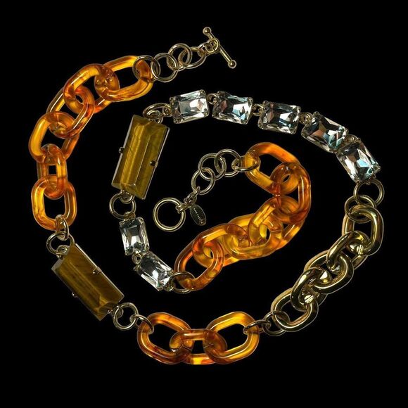 Ann Taylor Chunky Gold Tone Faux Tortoise Acrylic Tiger Eye Rhinestone Necklace - Picture 3 of 7